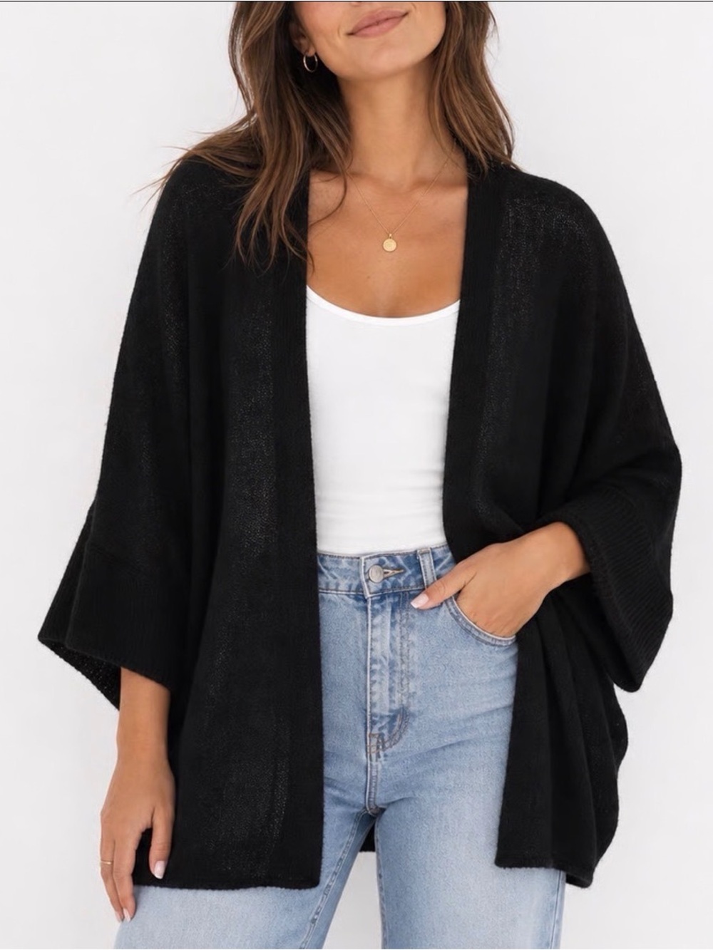 VENUS Black Open-Front Knit batwing cardigan